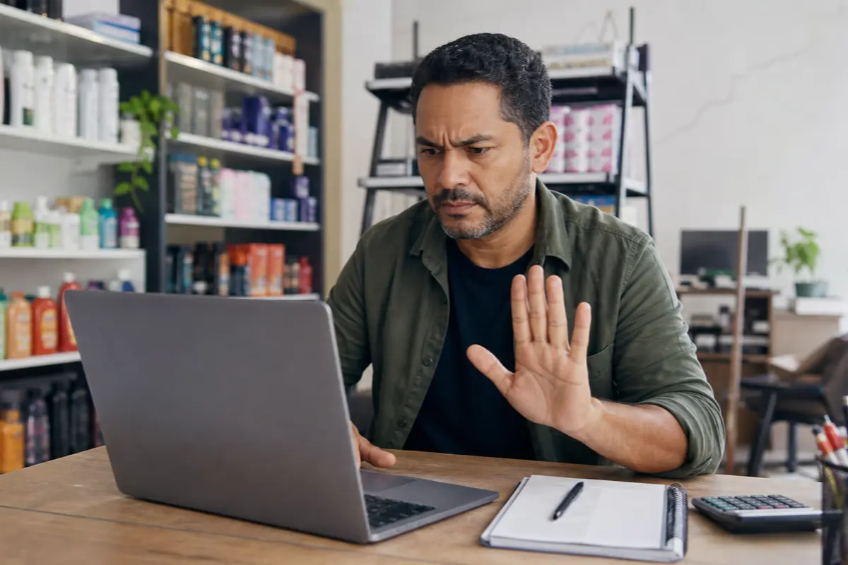 Comerciante faz gesto firme de parada diante do computador antes de aumentar o investimento em anúncios; ilustração gerada por IA