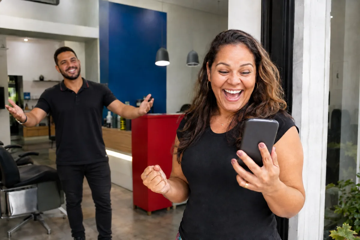 Cliente muito satisfeita olha o celular enquanto dono de salão com camisa polo de uniforme comemora ao fundo; ilustração gerada por IA