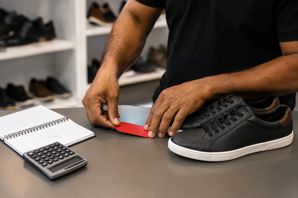 Close de mãos colocando uma etiqueta vermelha em um par de sapatos ao lado de uma calculadora e de um caderno em uma loja
