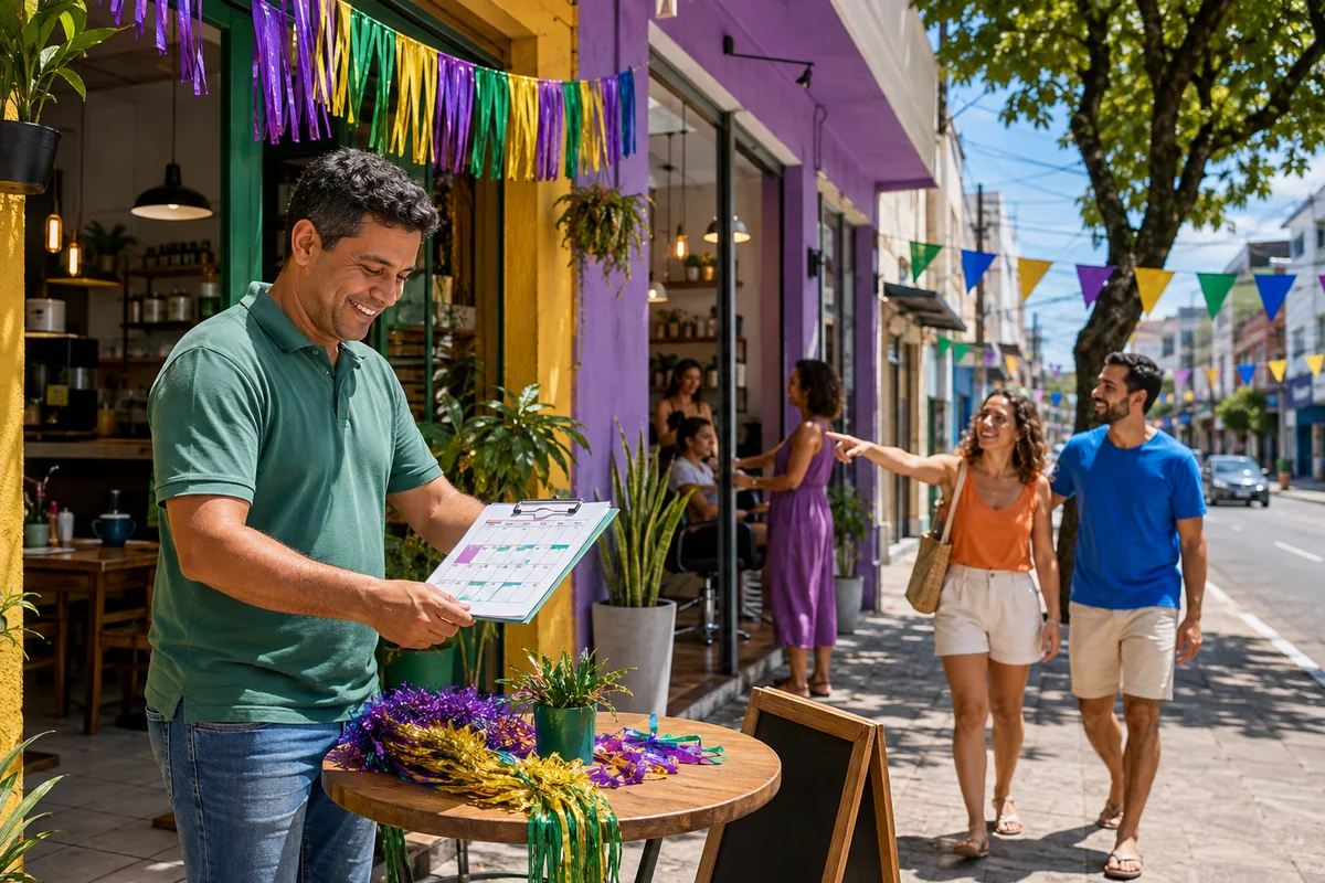 Dono de negócio local planeja a campanha de Carnaval diante de uma rua comercial brasileira