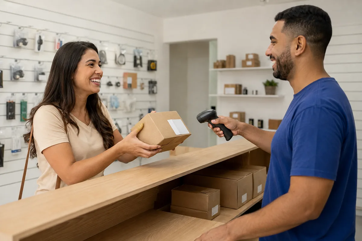 Cliente recebe uma compra no balcão de um comércio local enquanto o atendimento confere o pedido