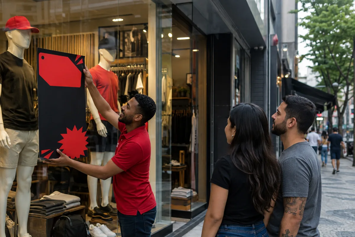 Dona de loja prepara uma comunicação visual de Black Friday em uma vitrine comercial.