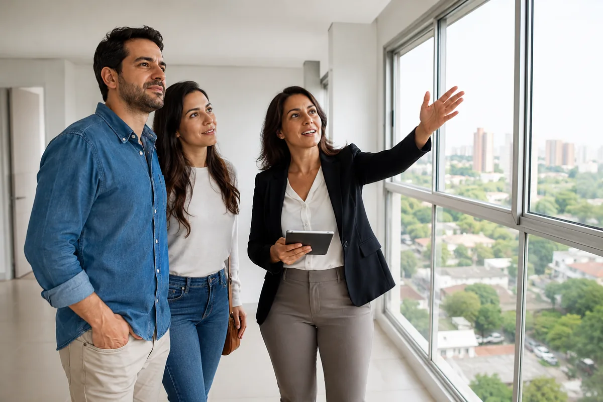 Corretora apresenta a vista de um apartamento a um casal durante uma visita.
