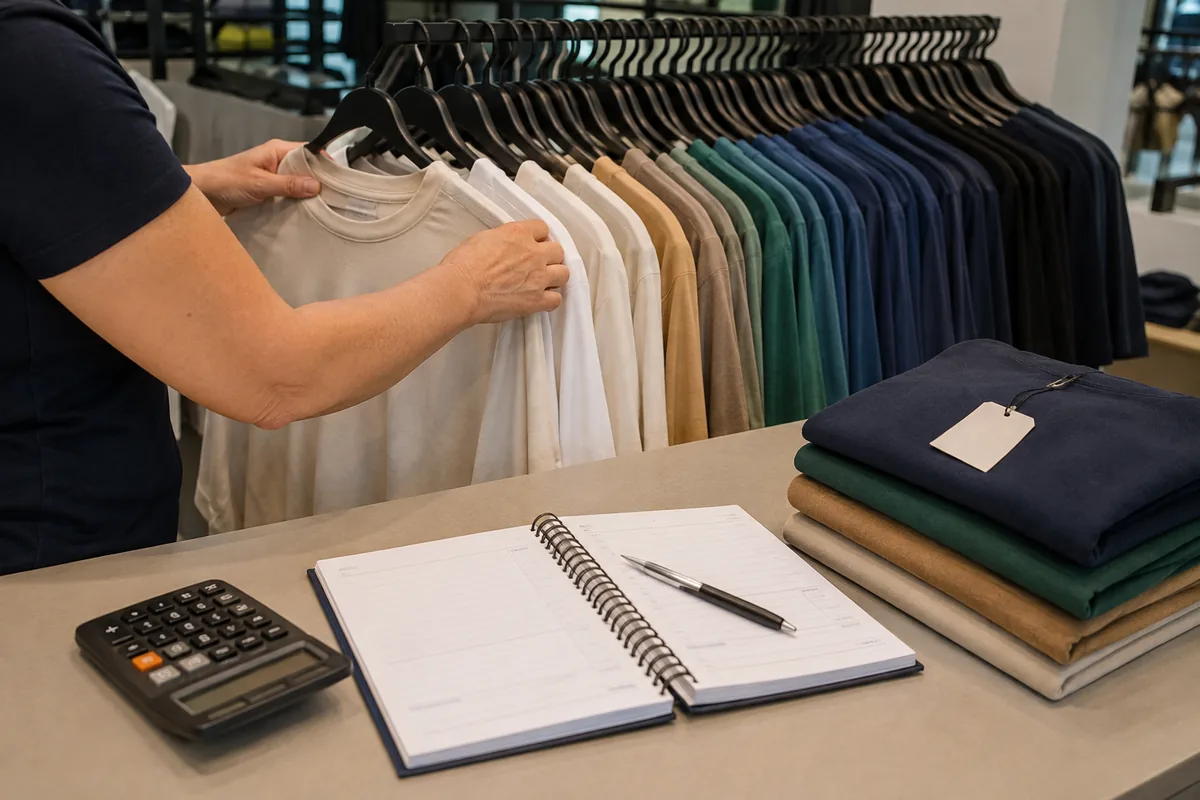 Mãos organizam roupas em uma arara, com agenda e calculadora sobre um balcão comercial.