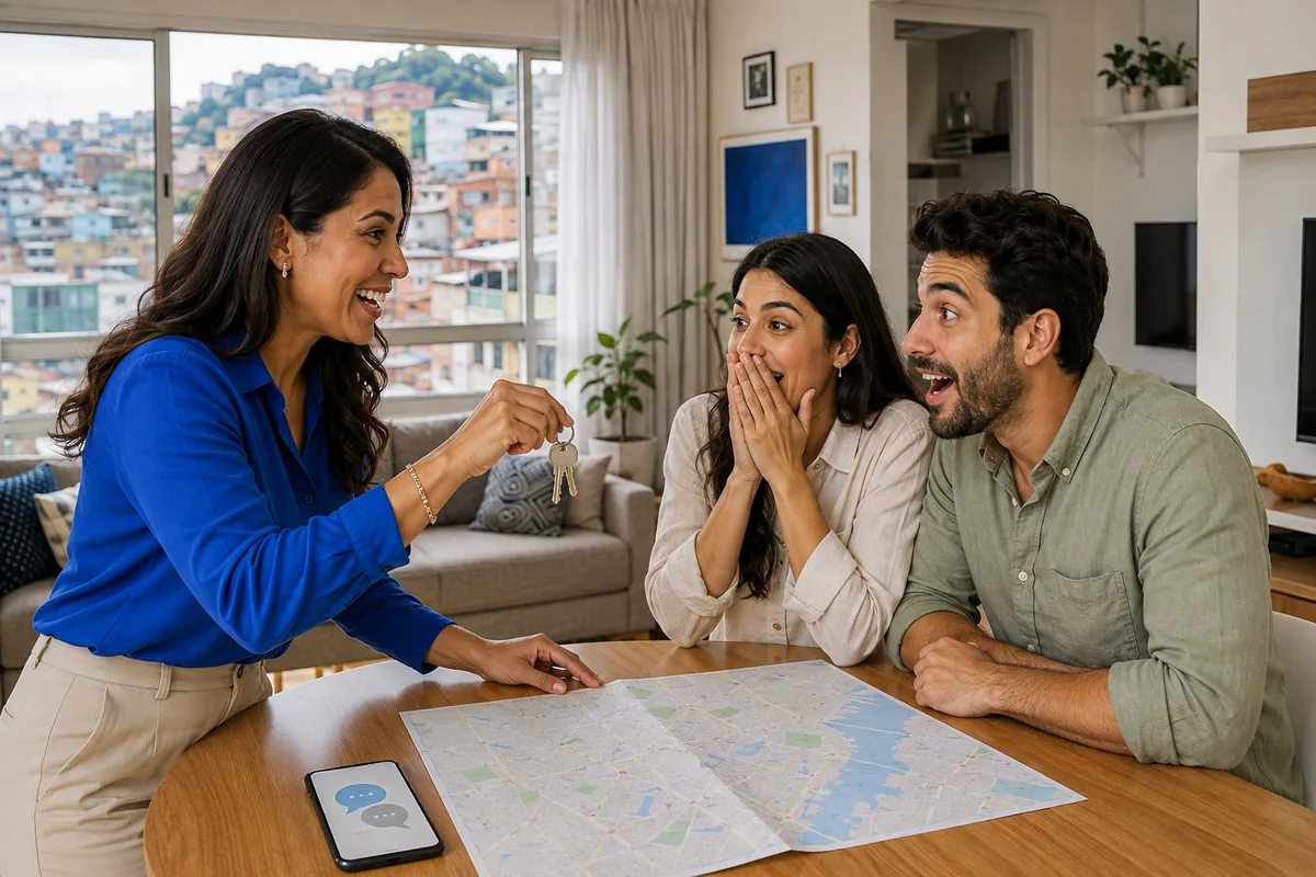 Corretora entrega a chave de um apartamento a um casal muito animado após atendimento local