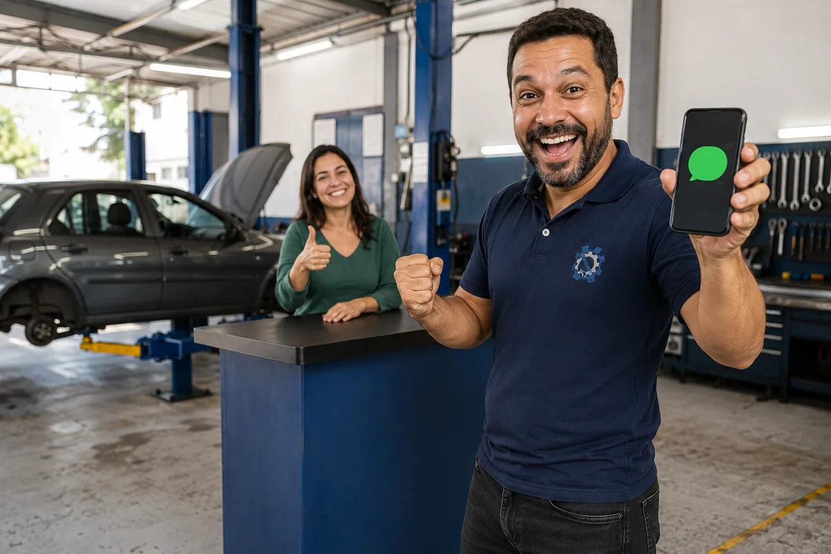 Mecânico brasileiro comemora uma nova conversa no celular enquanto uma cliente satisfeita aprova o atendimento na oficina