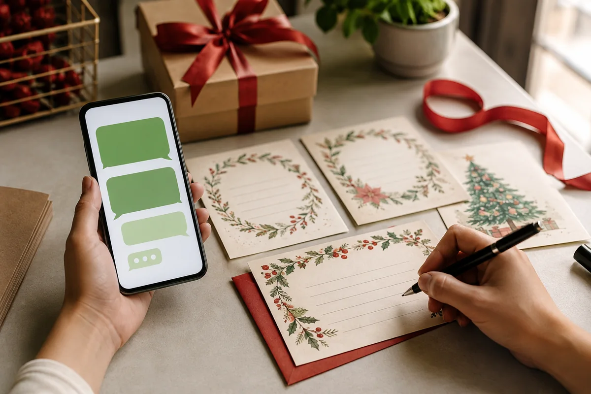 Mãos escrevem cartões de Natal ao lado de celular com balões de mensagens para clientes