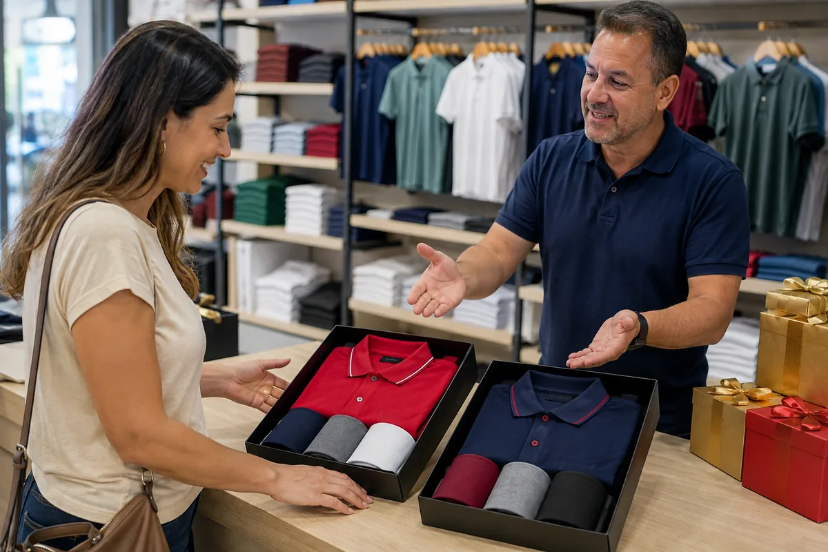 Cliente escolhe entre kits de presente enquanto um vendedor apresenta opções em uma loja de roupas