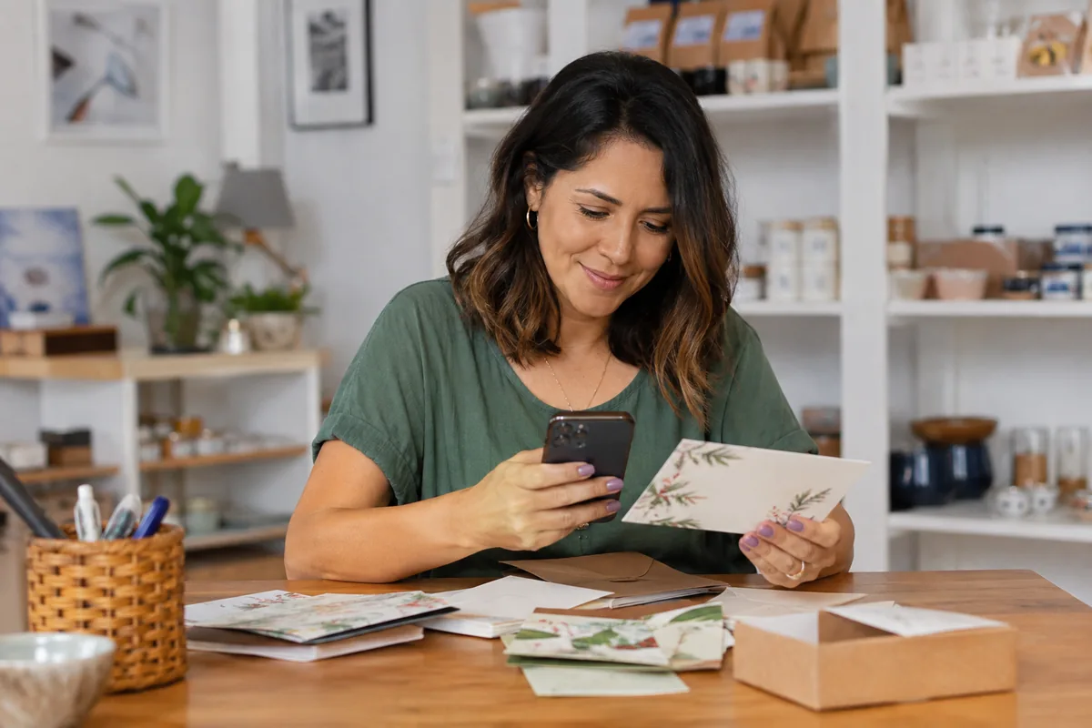 Empreendedora prepara cartões de agradecimento e escreve uma mensagem no celular em sua loja