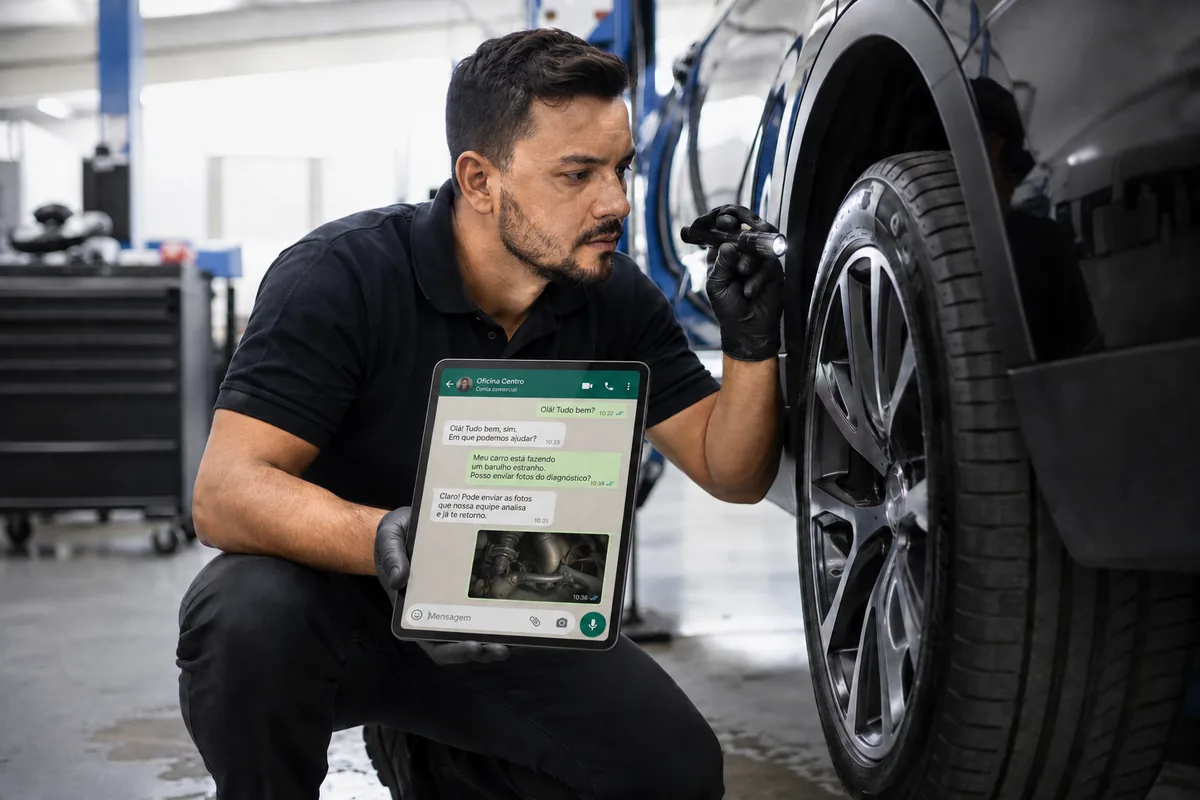 Mecânico examina a roda de um carro e mostra no tablet uma conversa ilustrativa de WhatsApp sobre o diagnóstico.