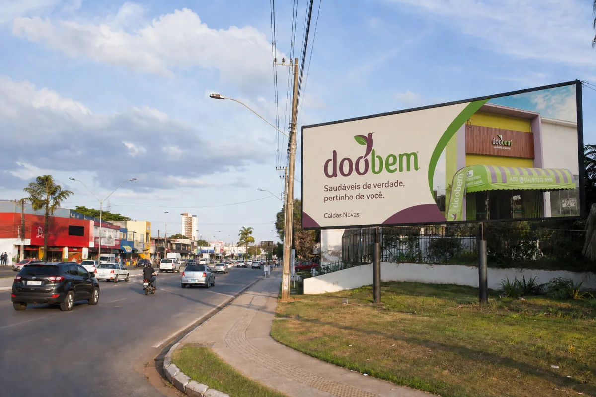 Outdoor da Doobem com fachada da loja e identidade verde e ameixa ao lado de avenida comercial brasileira; ilustração gerada por IA com marca oficial