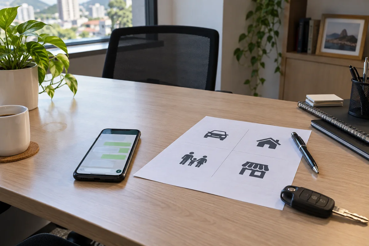Mesa de trabalho simples com celular, chave de carro, caneta e quadro de comparação visual de diferentes tipos de proteção.