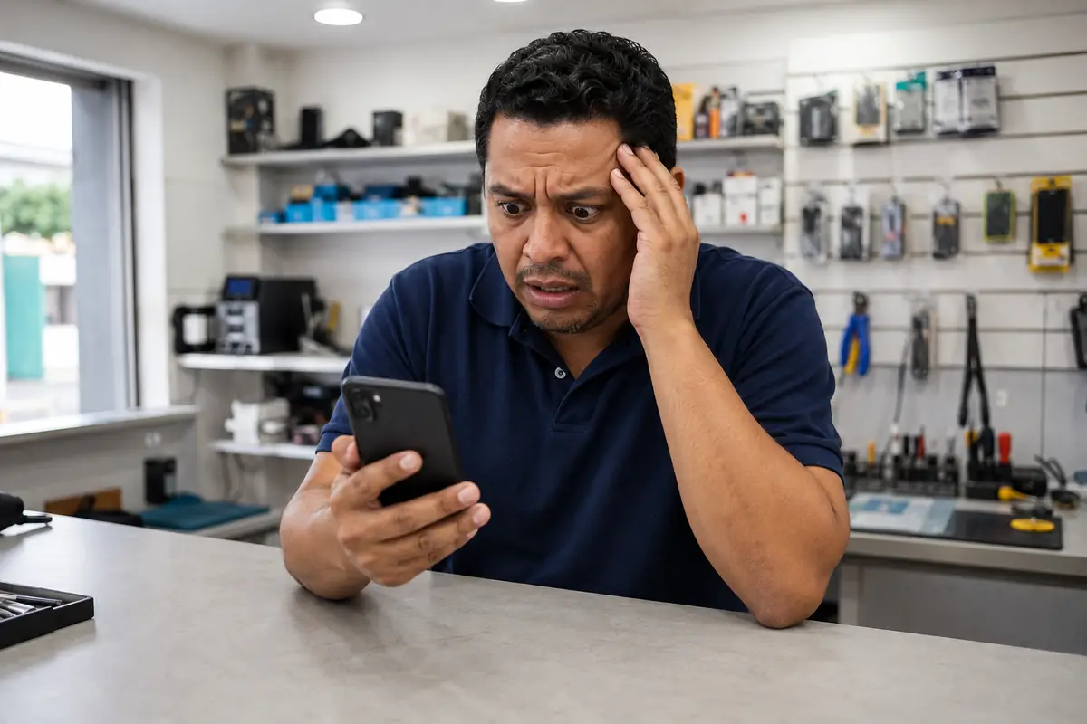Dono de assistência técnica olha o celular com nervosismo evidente e a mão na cabeça, dentro do próprio negócio; ilustração gerada por IA